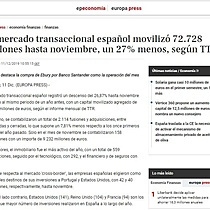 El mercado transaccional espaol moviliz 72.728 millones hasta noviembre, un 27% menos, segn TTR